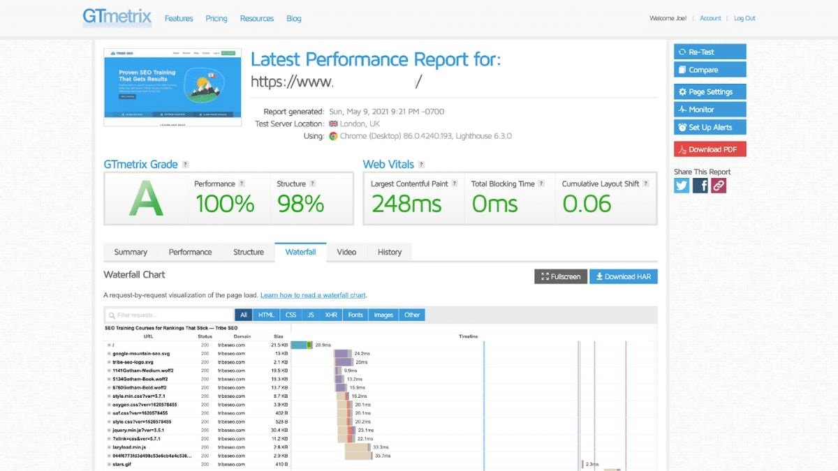 Result of a website speed - GTmetrix